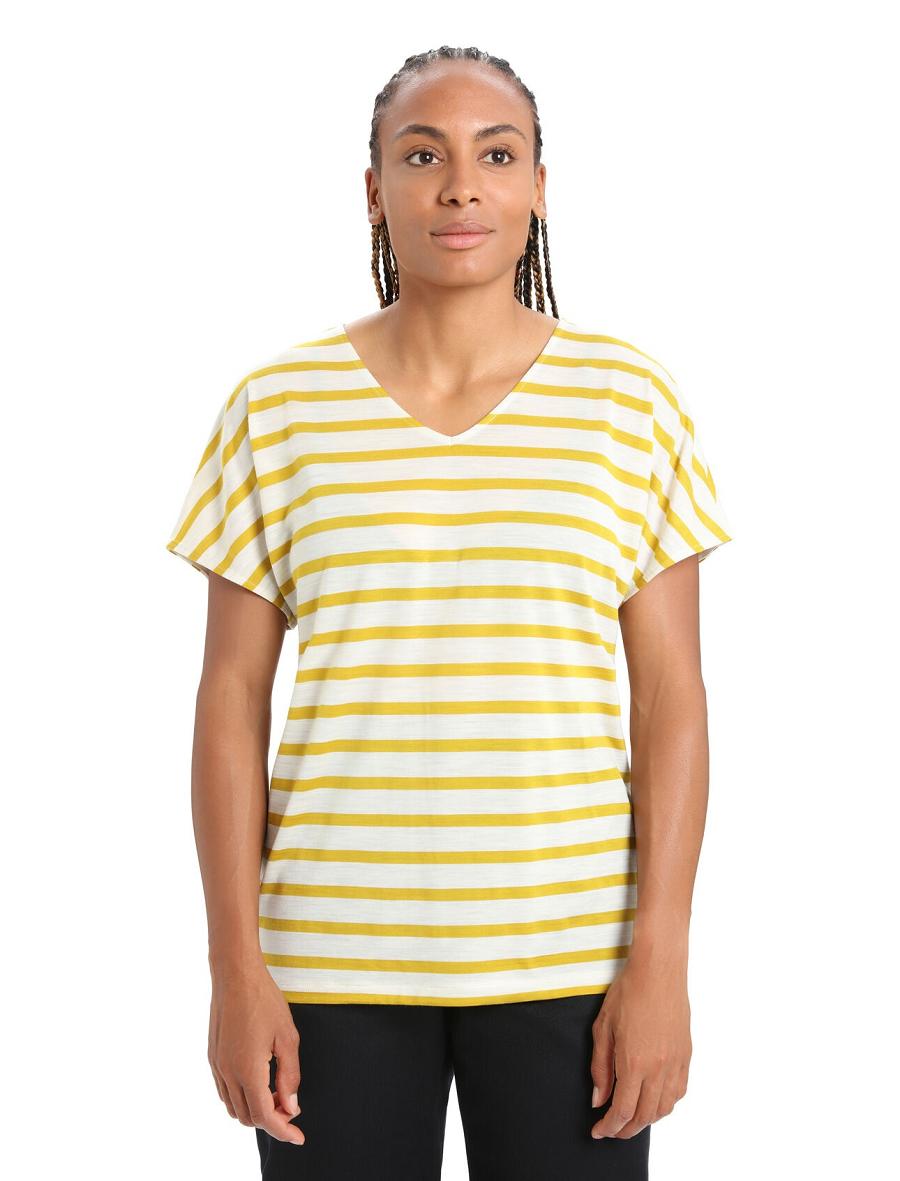 Ecru Heather / Silent Gold Women\'s Icebreaker Merino Drayden Reversible Short Sleeve Top Stripe T Shirts | USA 1607XYUF